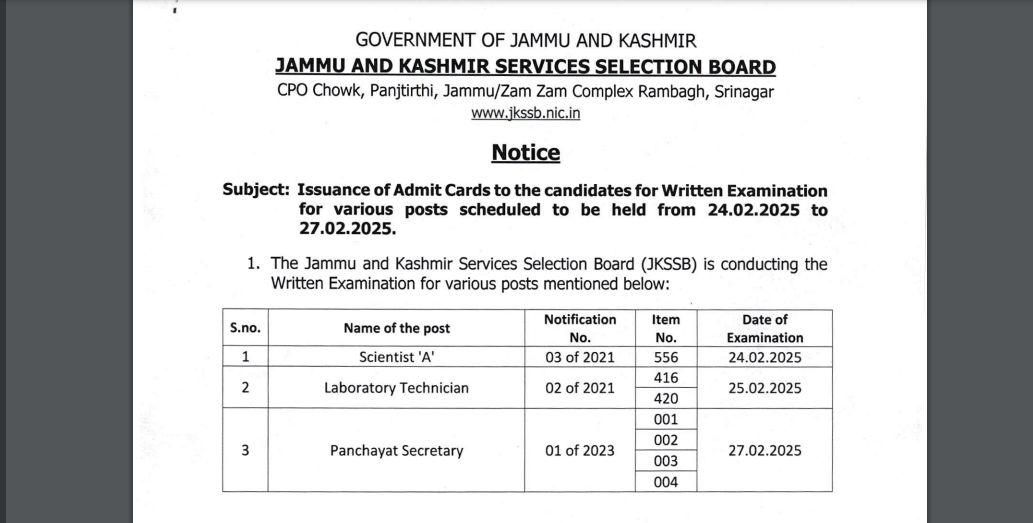 JKSSB admit card 2025 released for various posts: Direct link to download hall tickets here
