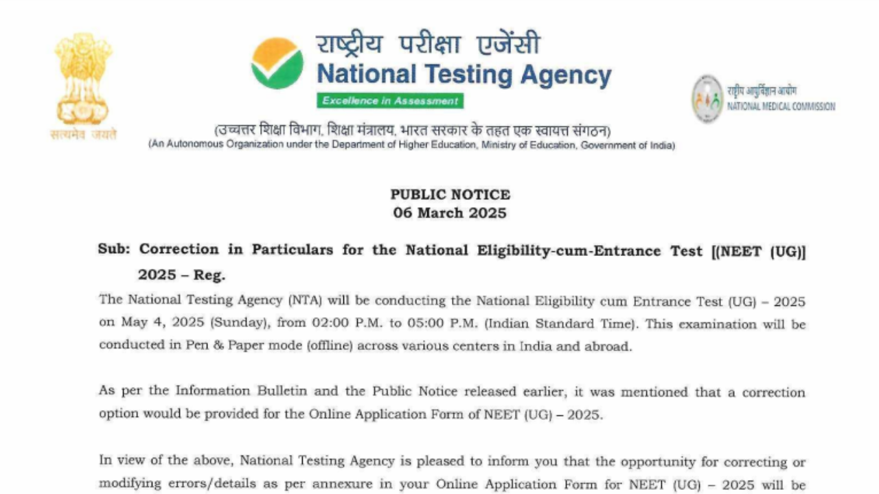 NTA issues important notice regarding NEET UG 2025 correction window, check details here