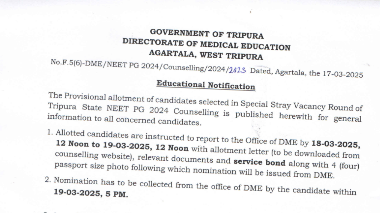 Tripura NEET PG 2024 special stray vacancy round provisional allotment result declared: Check details here