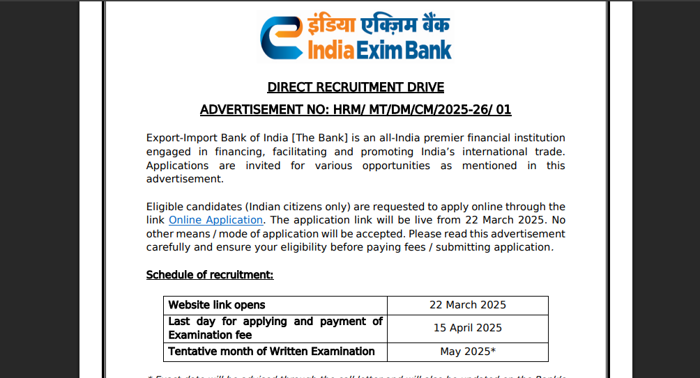 EXIM Bank recruitment 2025 notification released: Check vacancies, important dates, steps to apply and salary structure