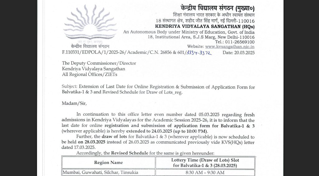 KVS Balvatika-1 & 3 registration deadline extended, Revised draw of lots schedule announced: Check details here