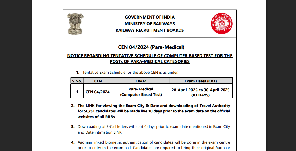 RRB Paramedical exam 2025 tentative exam schedule released: Check important dates here