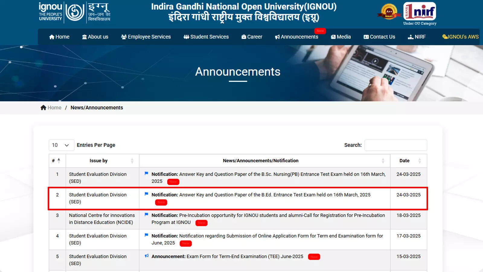 IGNOU BEd 2025 exam: Answer key released on ignou.ac.in for all paper sets, download here