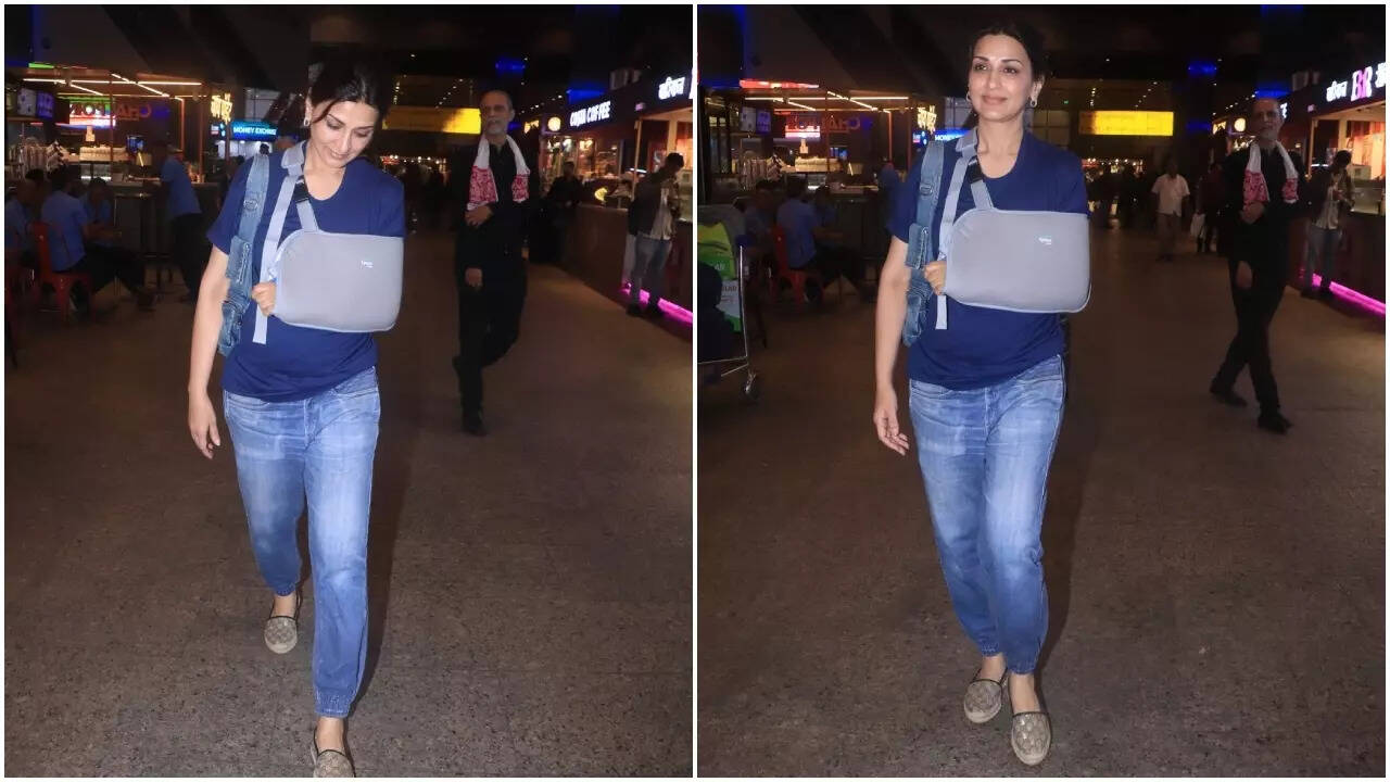Sonali spotted with fractured hand at the airport