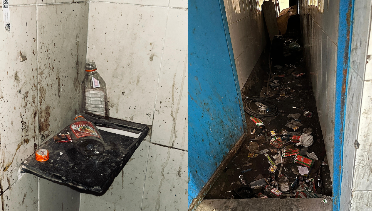Alcohol bottles  kept on shelf  meant for soap , Used syringes, aluminium foil utilised for consuming heroin, alcohol bottles and more can be seen scattered all over the place