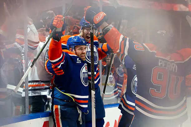 Edmonton Oilers celebrates his game-winning goal against the Los Angeles Kings
