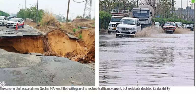 Drain project lags, Southern Peripheral Road caves in after rain, brings traffic to a crawl in Gurgaon