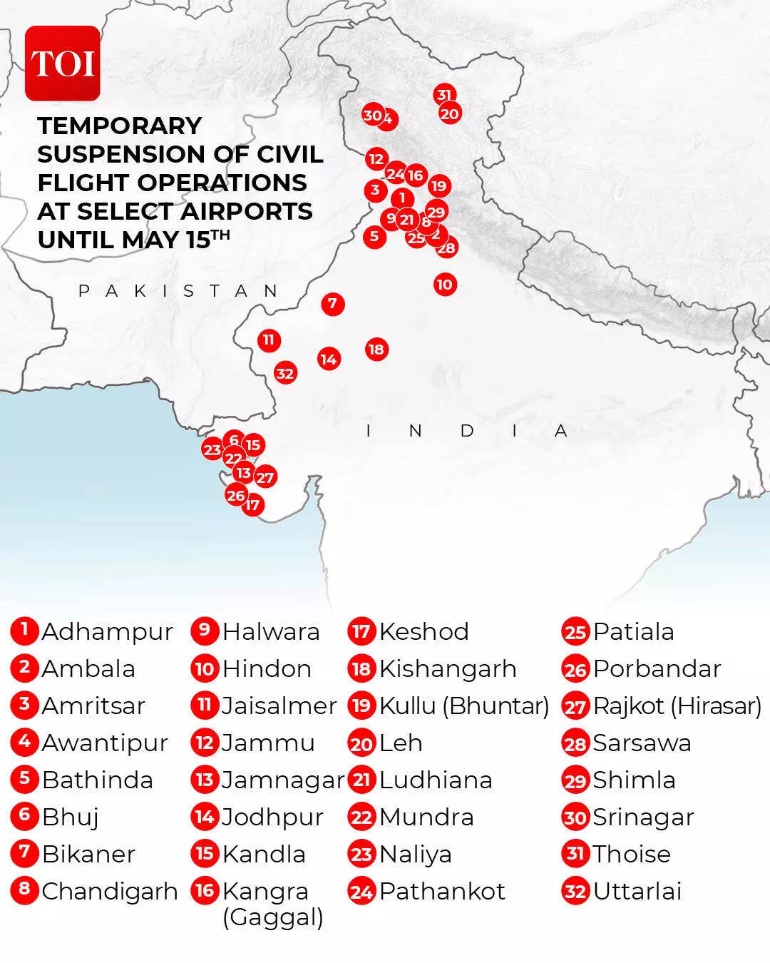 32 airports closed till May 15