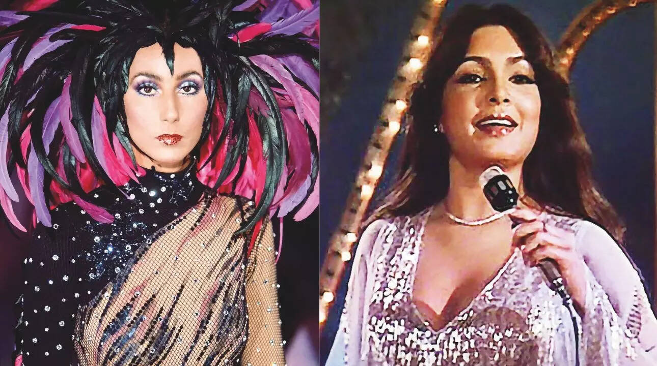 American singer-actress Cher stuns in glittery disco lips in 1980 (left)/ Parveen Babi in high-gloss plum red lipstick in the song Pyaar Karne Wale from Shaan released in 1980 (right)