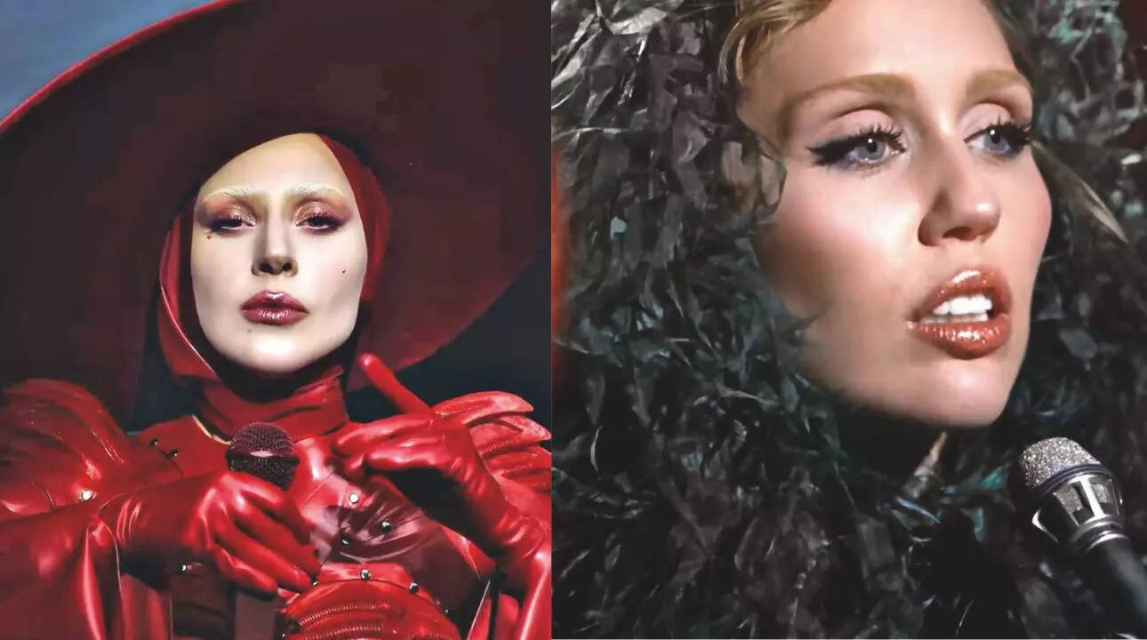 Lady Gaga seen nailing the disco lips in a recently released music video on Instagram in 2025 (left)/ Miley Cyrus in disco lips in her Something Beautiful music video in 2025 (right)