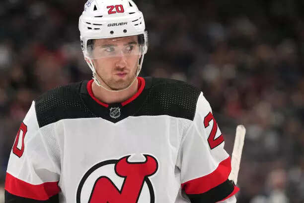 Michael McLeod #20 of the New Jersey Devils