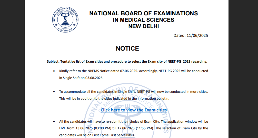NEET PG 2025 revised exam city list released: Direct link to download and steps to modify preferences here