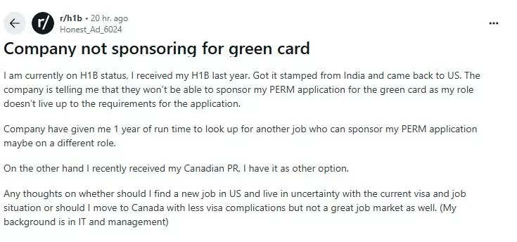 Redditor says company is not sponsoring green card.