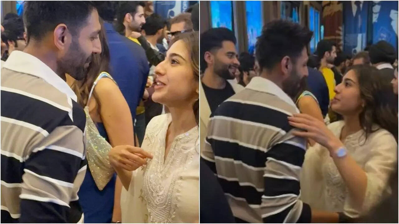 Sara shares a warm moment with Kartik at screening