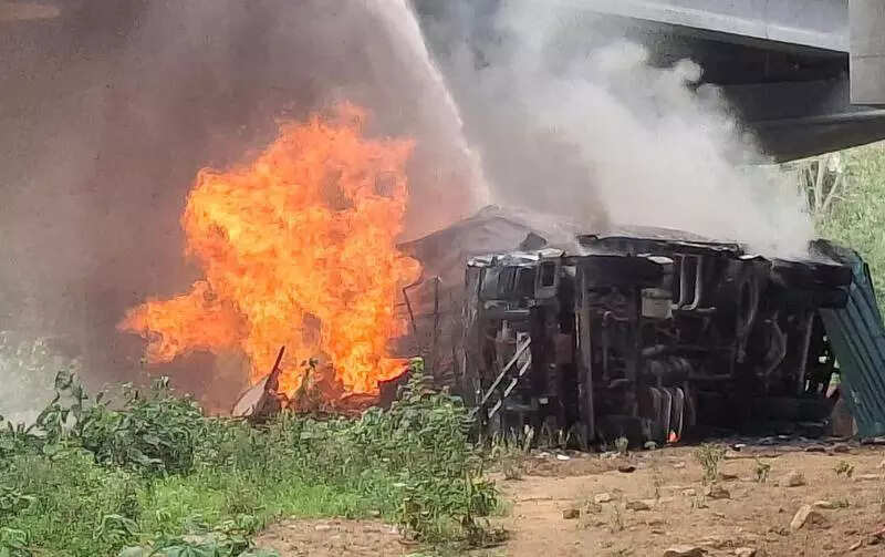 Truck carrying flammable items plunges 30ft off Delhi-Mumbai eway, catches fire