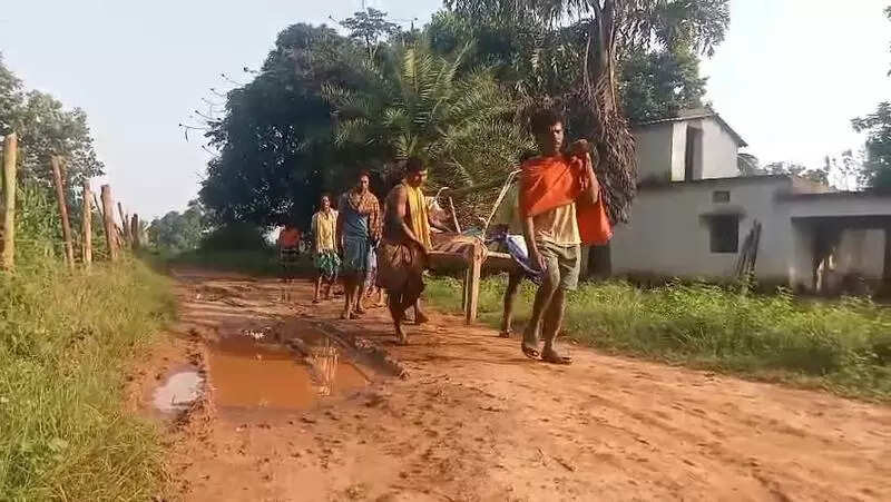As road turns into muddy field, family forced to carry ailing woman on cot