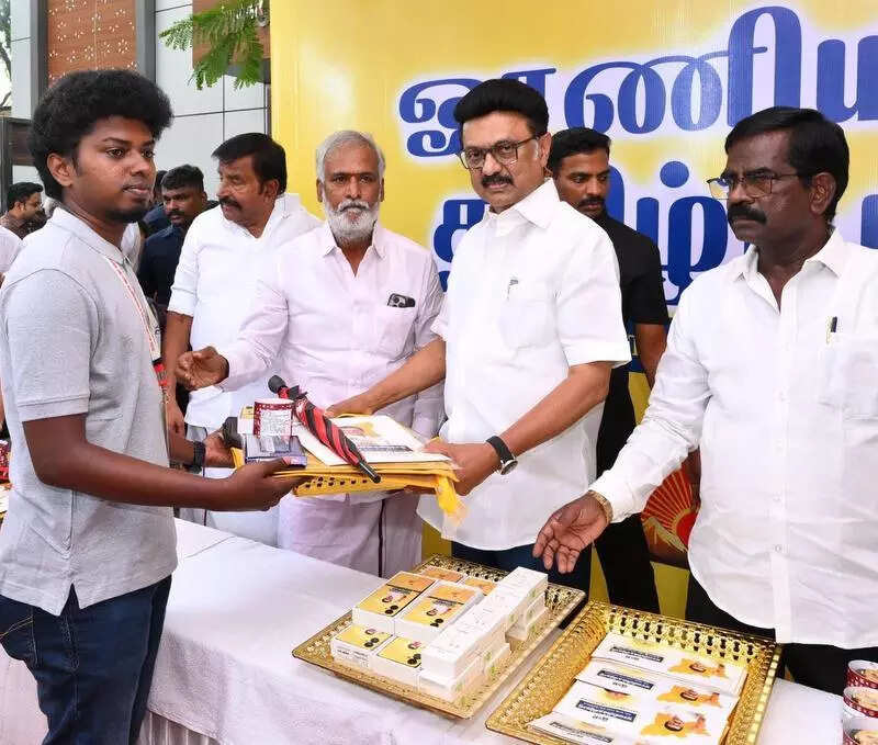 Stalin inaugurates projects, gives kits to DMK cadres