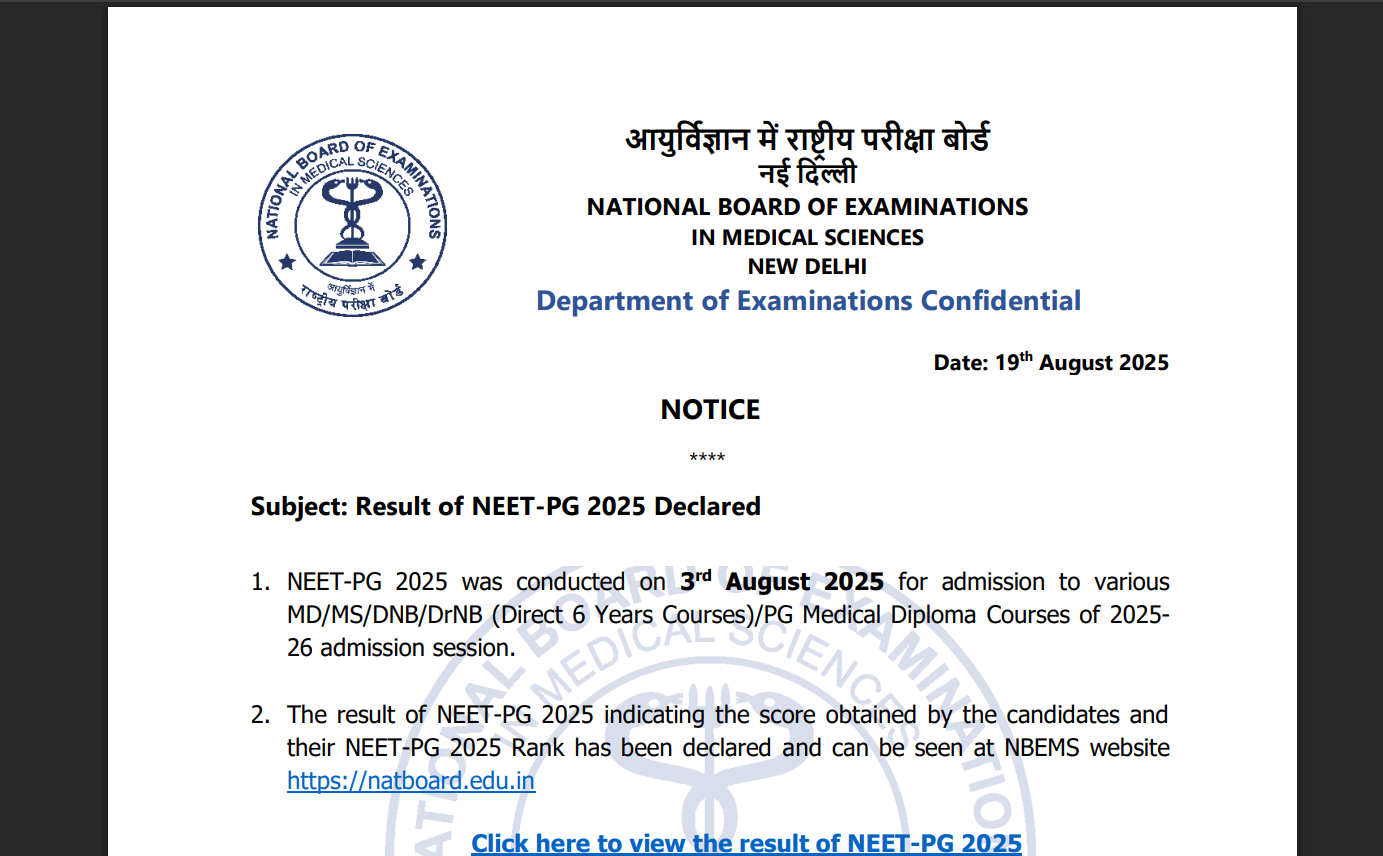NEET PG result out at natboard.edu.in: Direct link to download here