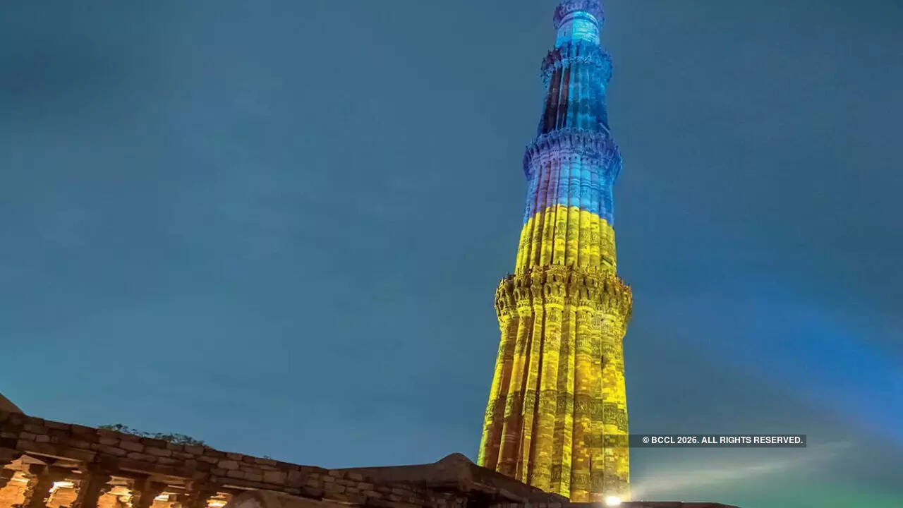 On Flag Day, Qutub Minar glows in Ukrainian colours