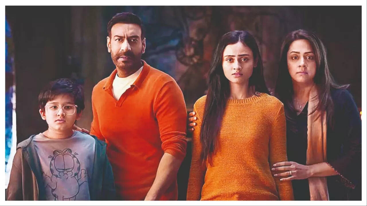 Janki with Ajay Devgn and Jyothika in a still from Shaitaan