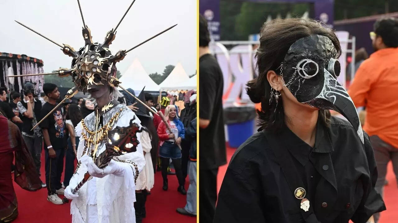Cosplayer Navjot (L) dressed as Dark Sun Gwyndolin of Dark Souls, a horror game
