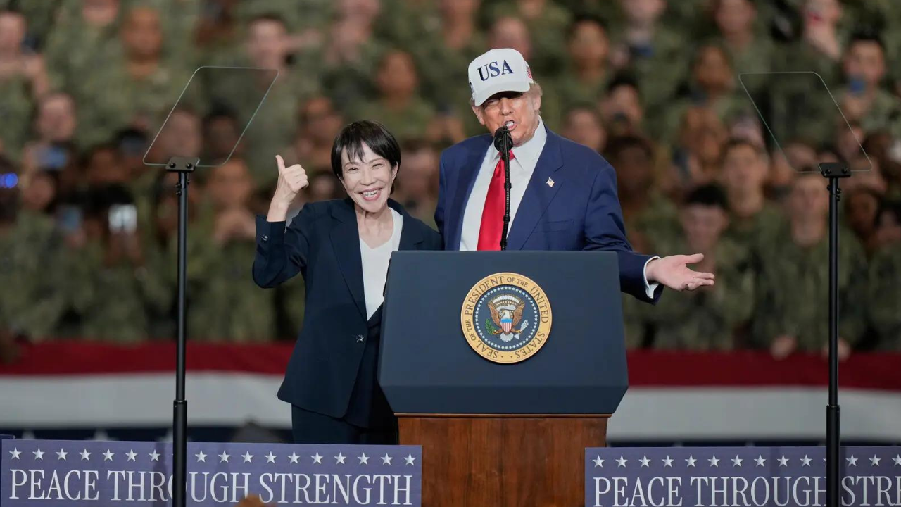 Watch: Japan’s PM Sanae Takaichi jumps in excitement on stage as Trump introduces her in Tokyo