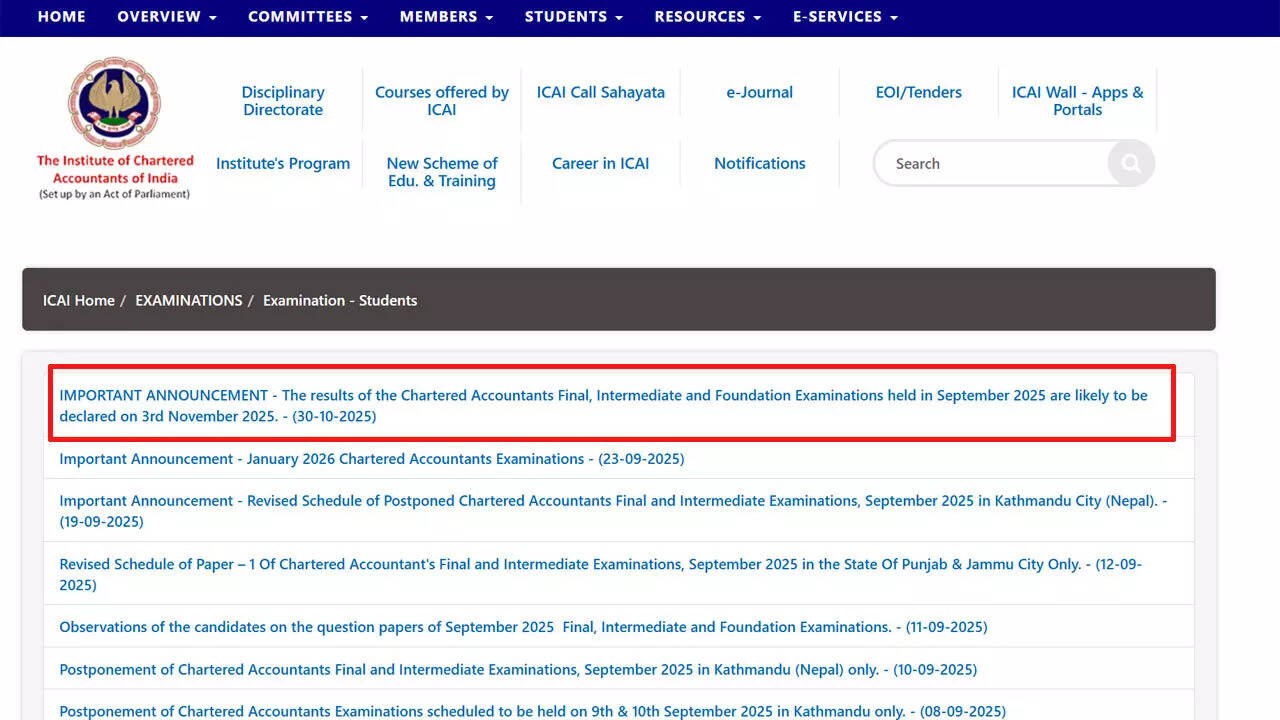 ICAI CA Exam Results 2025: September session scores to be declared on 3 November; check offical notice here