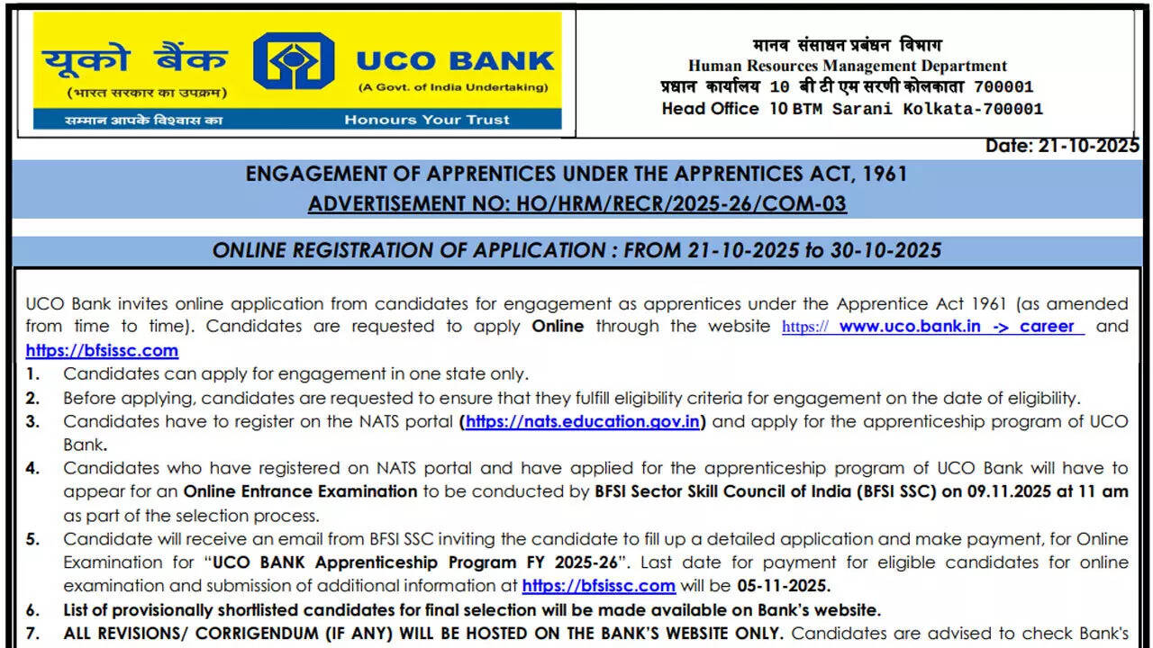 UCO Bank apprentice recruitment 2025: Last date today to apply for 532 posts at uco.bank.in