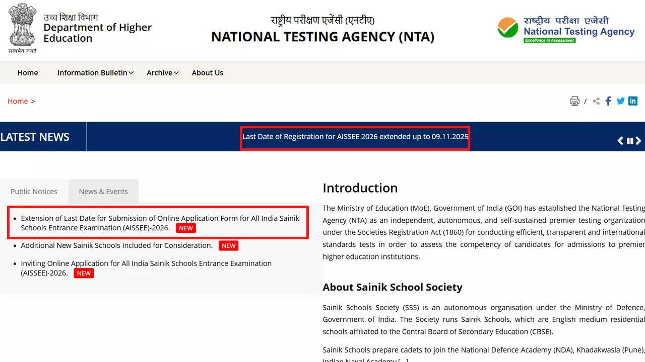 AISSEE 2026 online application deadline extended to Nov 11; submit your Sainik Schools form here