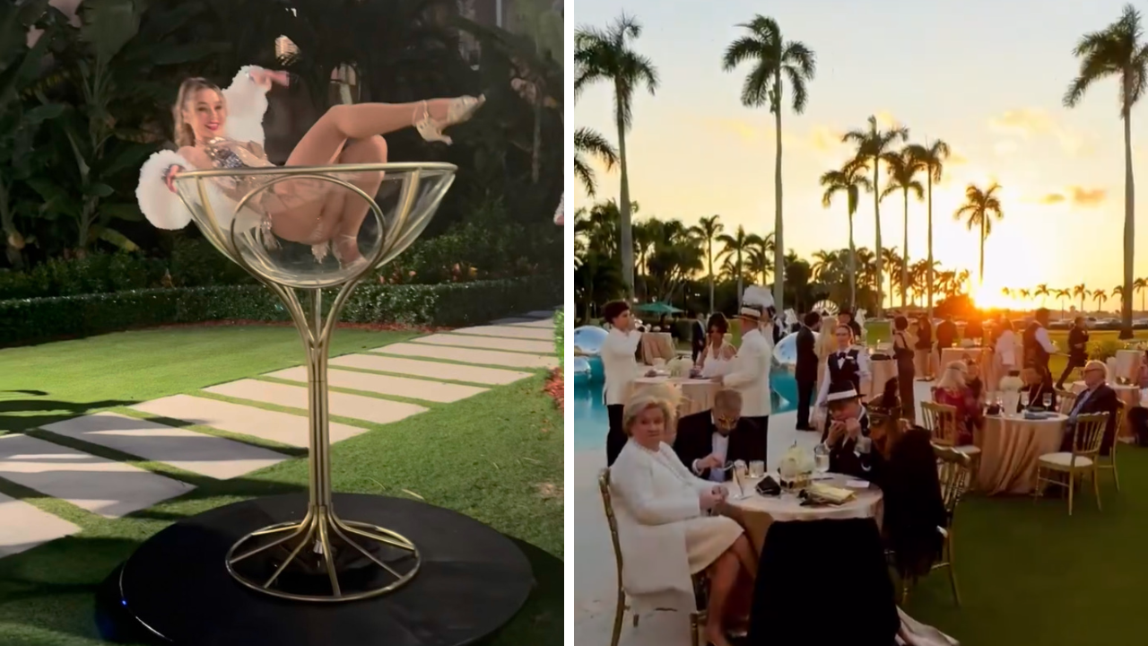 Viral video of woman in bikini dancing in giant Martini glass at Trump’s Mar-a-Lago party stirs row: ‘Full Epstein Island vibes’