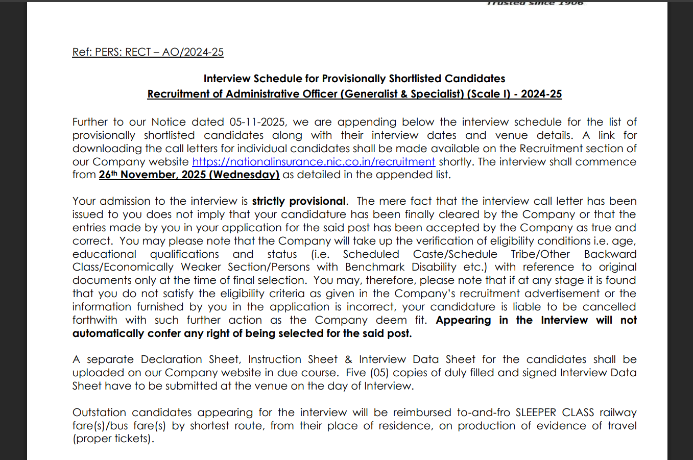 National Insurance Company releases interview schedule for provisionally shortlisted candidates: Check details here