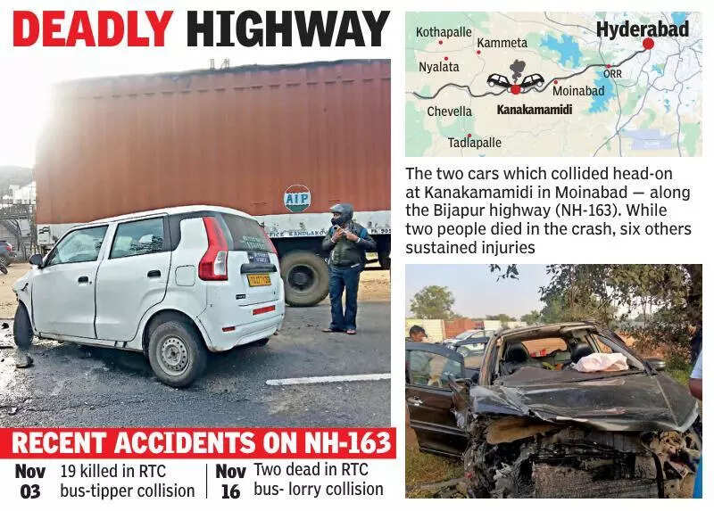 Two killed, 6 injured as two cars collide head-on at Moinabad on NH-163