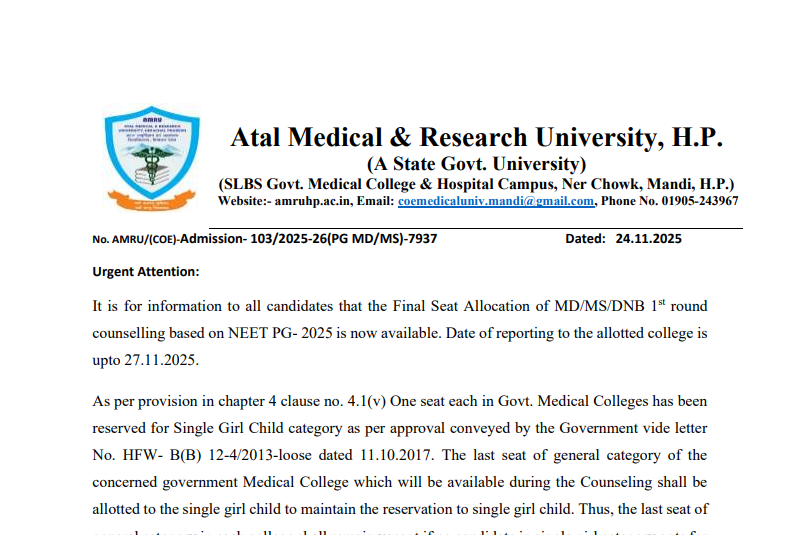 HP NEET PG counselling 2025 round 1 final seat allotment result released at amruhp.ac.in: Check direct link here