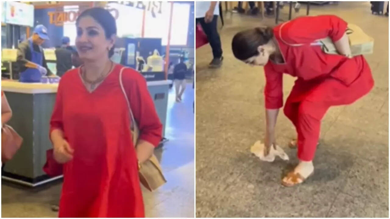 Raveena wins hearts after stopping to pick up litter at airport