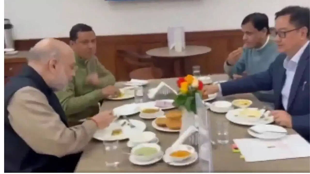 In between heated debates: Amit Shah takes lunch break with BJP MPs at Parliament canteen - video