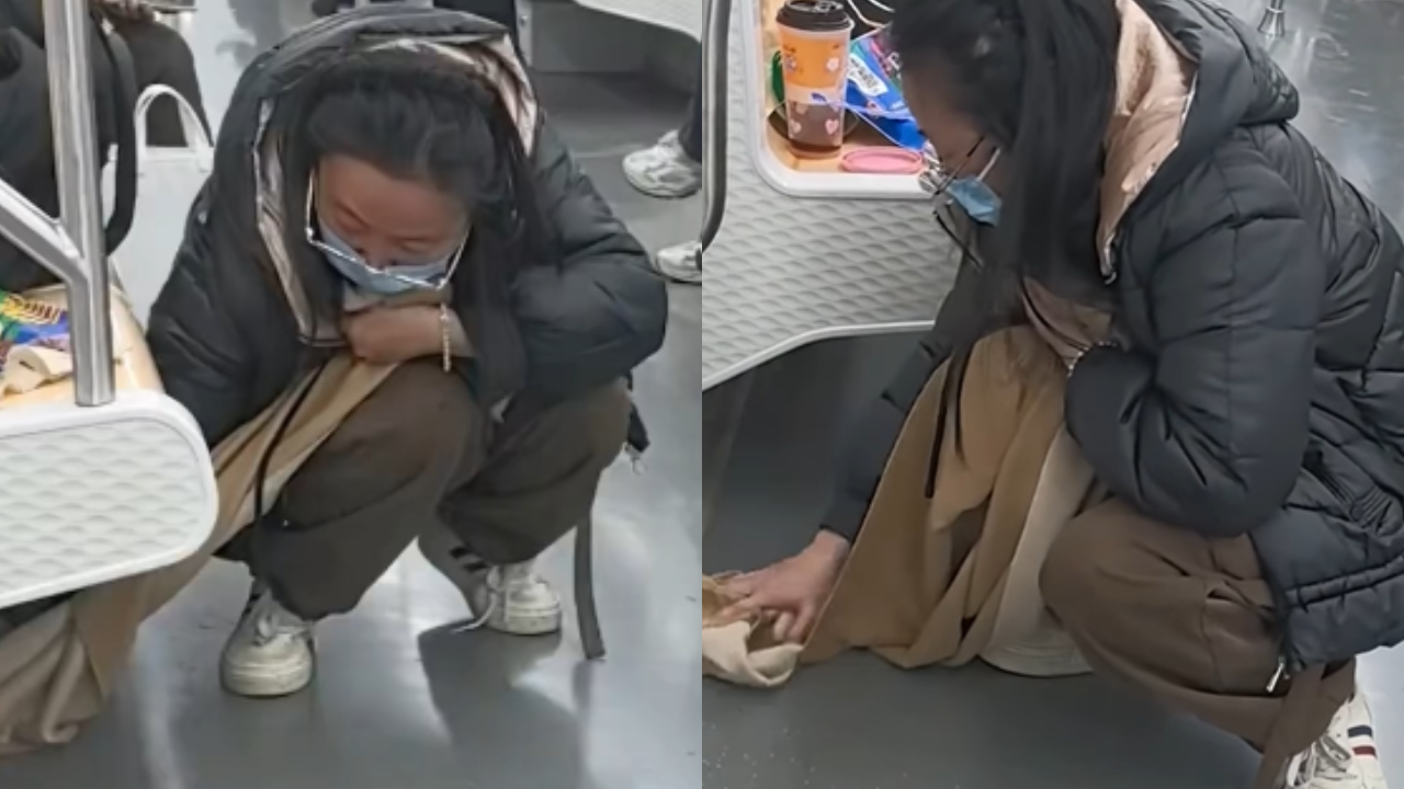 Chinese woman uses her scarf to clean up spilled bubble tea in metro — watch