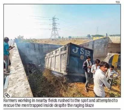 2 die as dumper crashes into culvert, catches fire on Delhi-Mumbai Expressway in Gurgaon