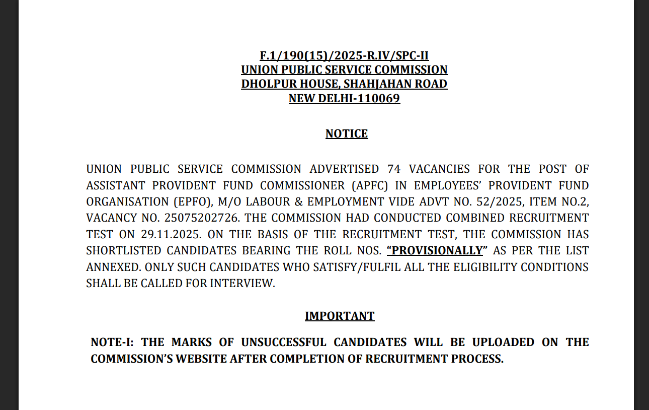 UPSC EPFO written exam result 2025 released at upsc.gov.in: Direct link to download here