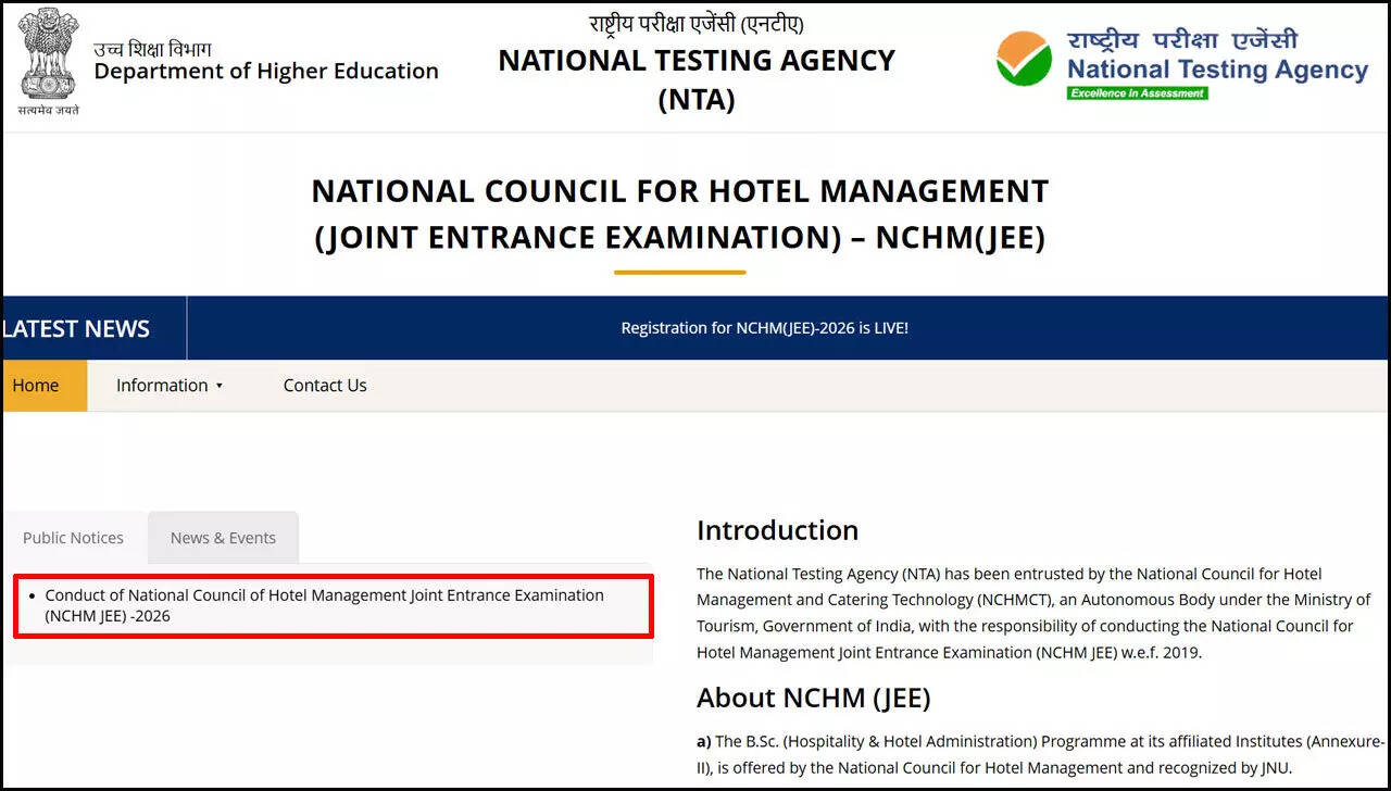 NCHM JEE 2026 notification released by NTA, applications open today at nchm.gov.in for hospitality aspirants; apply here