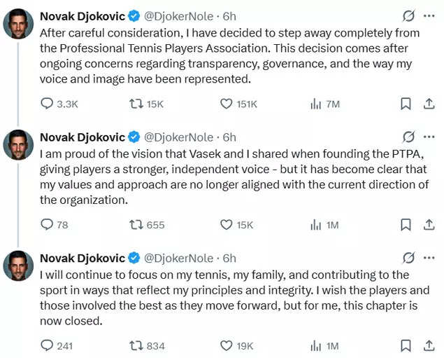 'I have decided to step away': Novak Djokovic quits players' union he ...