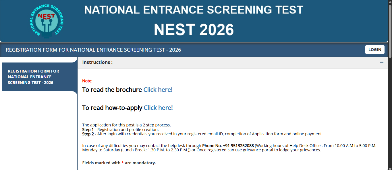 NEST 2026 registration window opens at nestexam.in: Check direct link to apply here