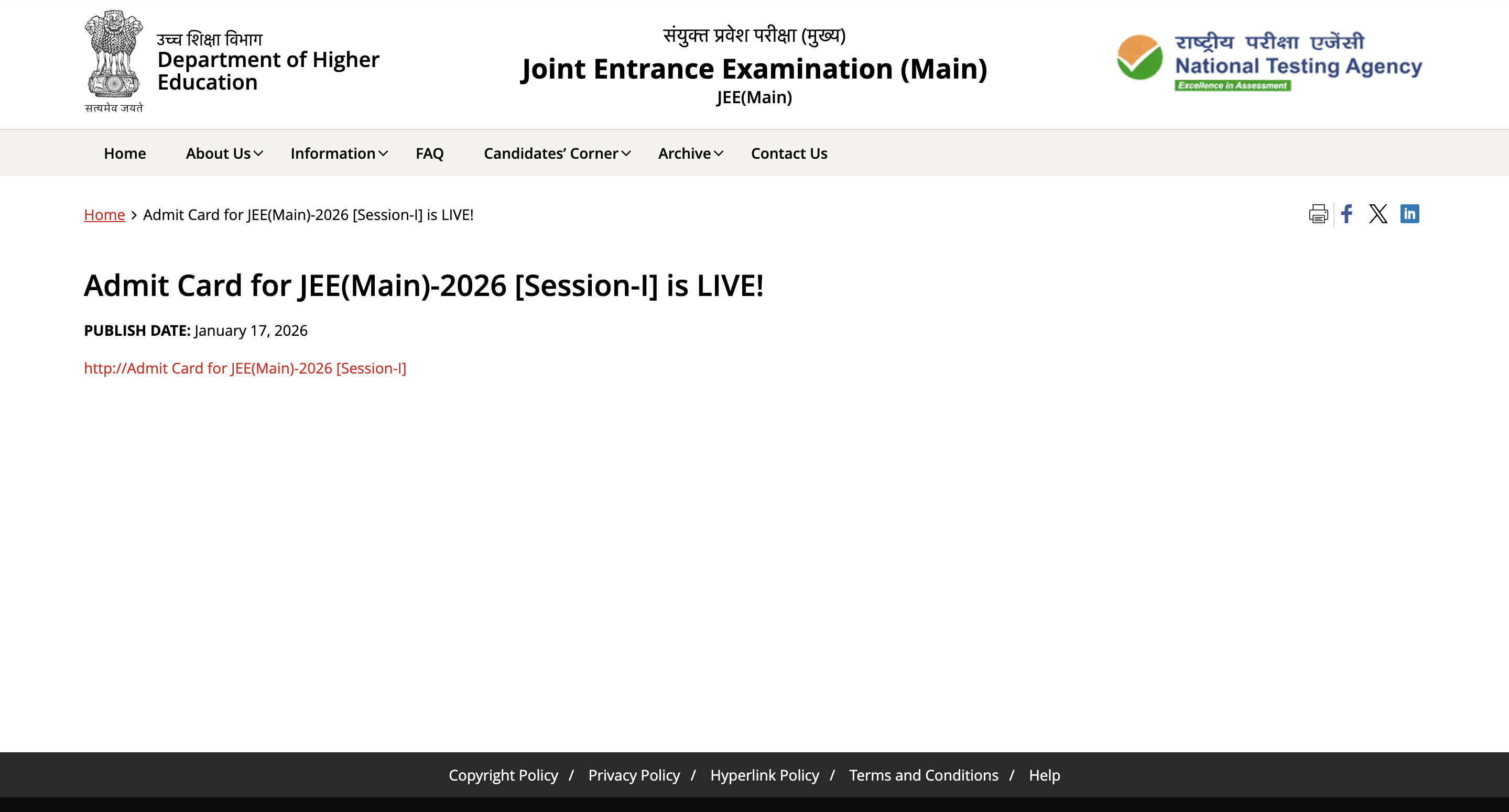 JEE Main 2026 admit card released: Check direct link, how to access session 1 hall ticket here