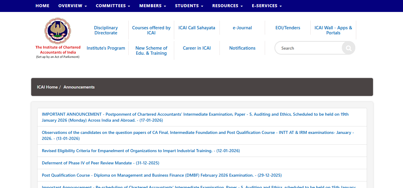 ICAI CA Intermediate January 2026 Auditing and Ethics paper postponed: New date to be announced soon