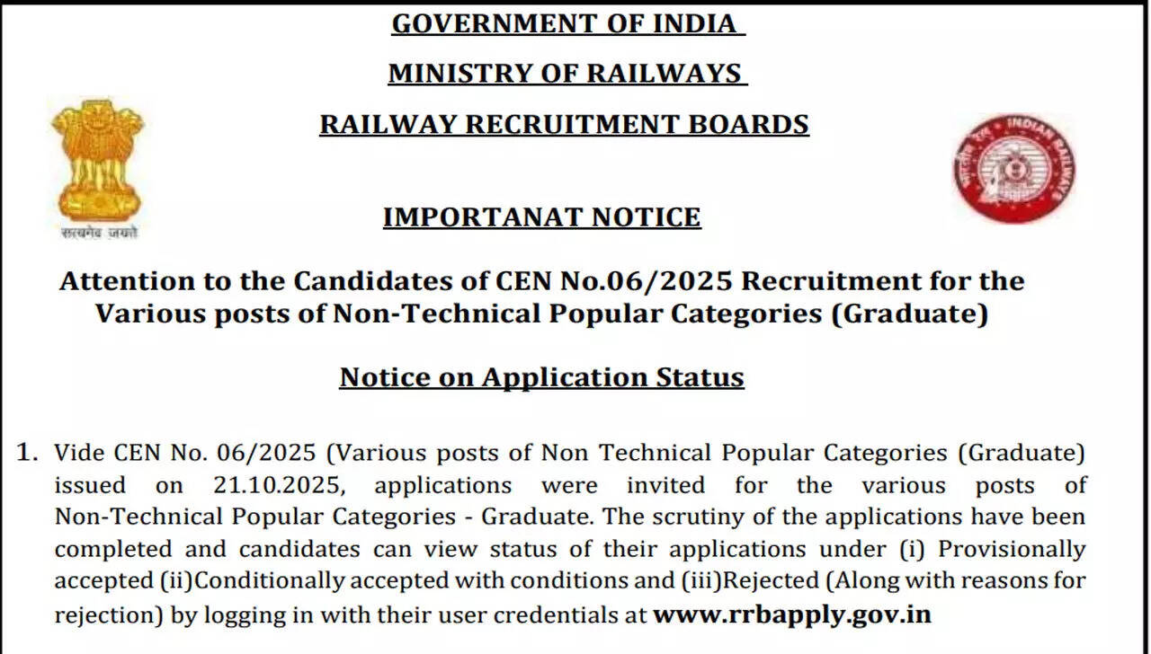 RRB NTPC Graduate application status 2026 released for 5810 posts, check CEN 06/2025 details here