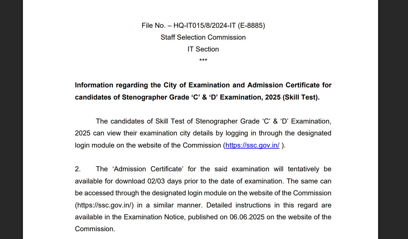 SSC Stenographer exam 2026 city intimation slip released: Check direct link to download here