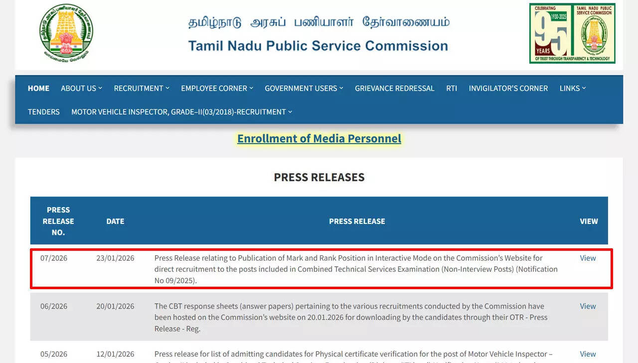 TNPSC releases marks and ranks for Combined Technical Services Examination 2025 at tnpsc.gov.in; download here