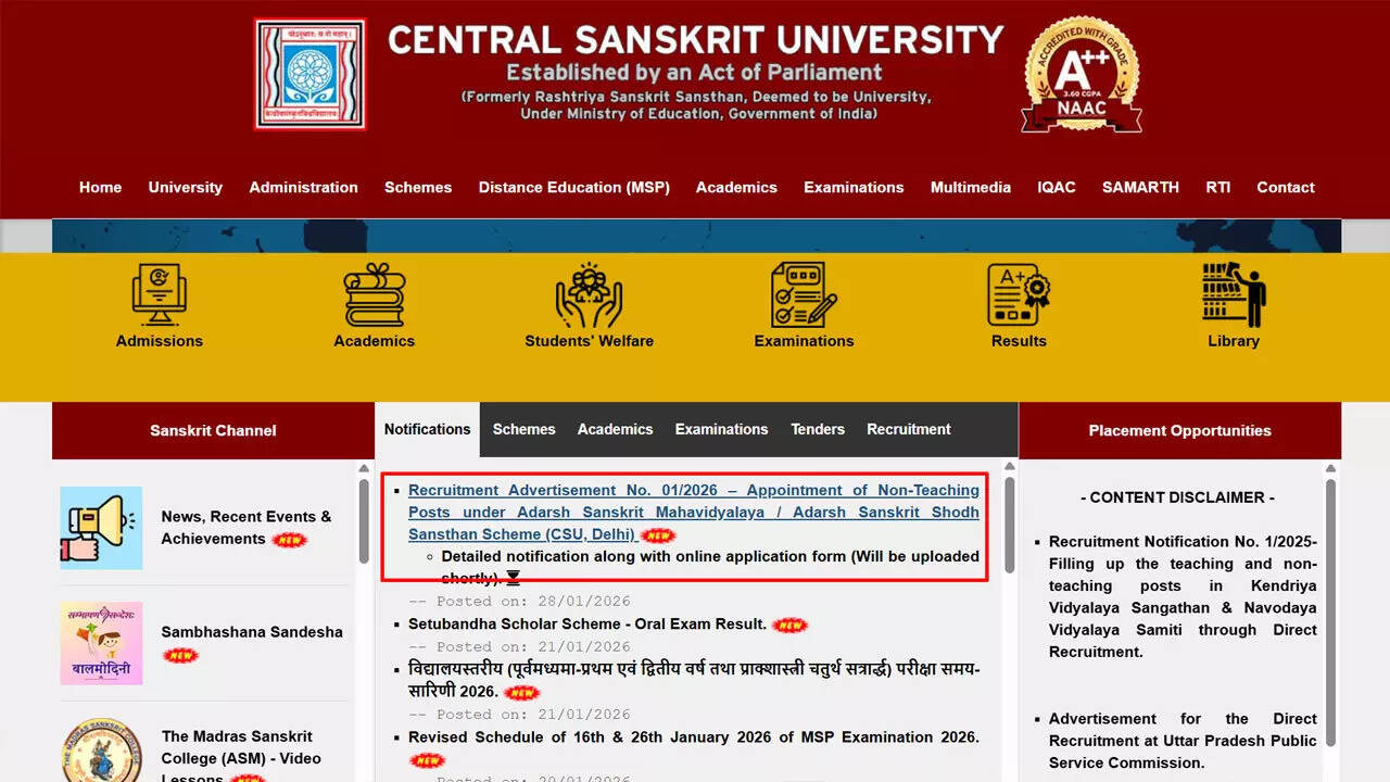 CSU Delhi recruitment 2026: Notification for non-teaching posts released at sanskrit.nic.in; apply here