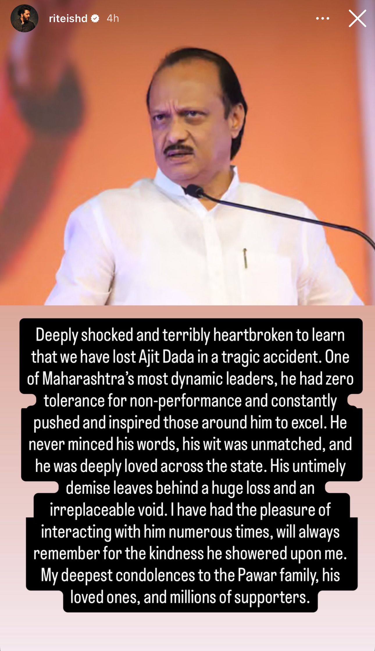 Riteish Deshmukh condoles Ajit Pawar's demise (Image Credits: Instagram)