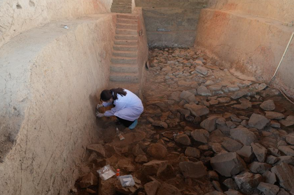A researcher collects soil samples at Liangzhu City's ancient southern wall in Hangzhou, Zhejiang Province, on April 18, 2025. (Xinhua/Weng Xinyang)