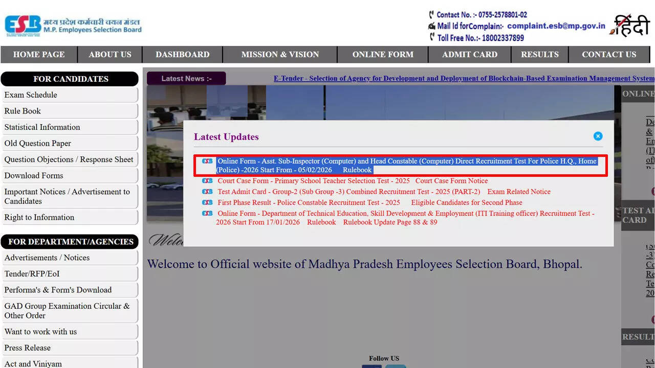MP Police ASI and Head Constable Computer Recruitment 2026 notification out at esb.mp.gov.in; check eligibility, important dates